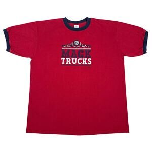 Vintage Mack Trucks Bulldog Red Ringer T-Shirt Red Bar Anvil Tag Size XL